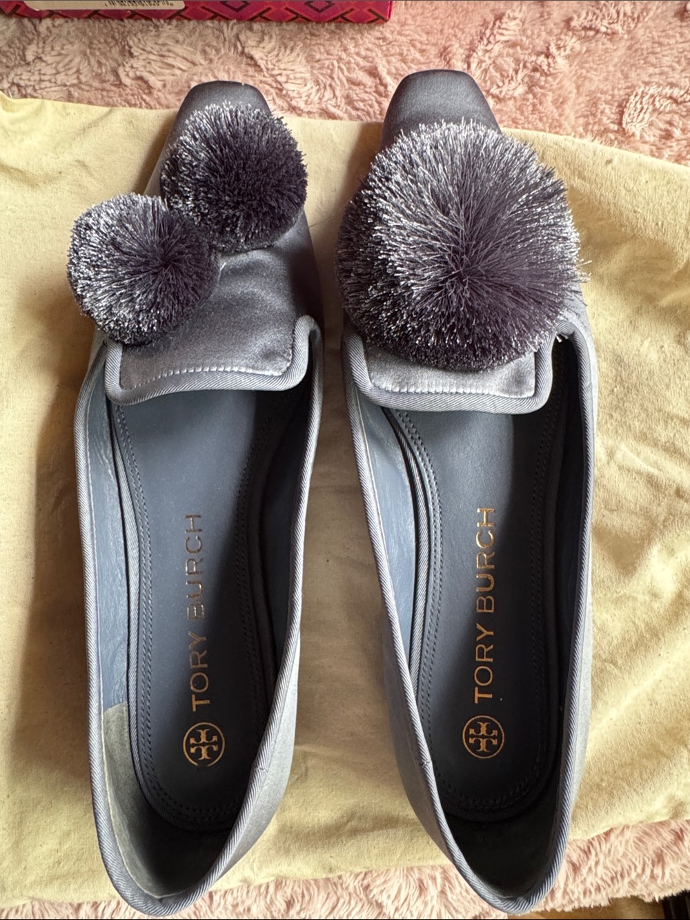Tory Burch Slate Gray Leather Pom-Pom Loafers - Picture 4 of 14